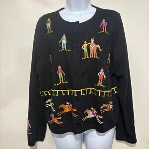Michael Simon Lite L Horse Racing Jockeys Embroidered Cardigan Sweater